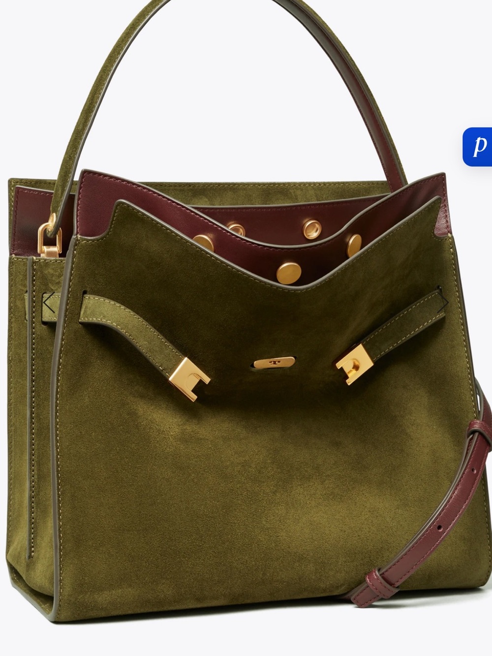 IN SEARCH OF Tory Burch Olive Suede Satchel with Burgundy Trim - Picture 2 of 2